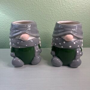 2 Pottery Barn GNOMETTE gnome shaped ceramic holiday MUG Christmas